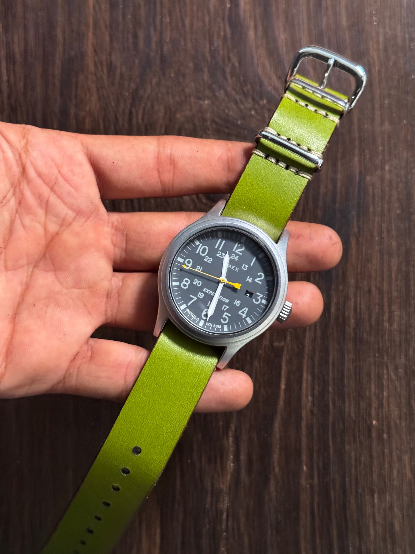 one way nato watch Straps green color vachetta leather