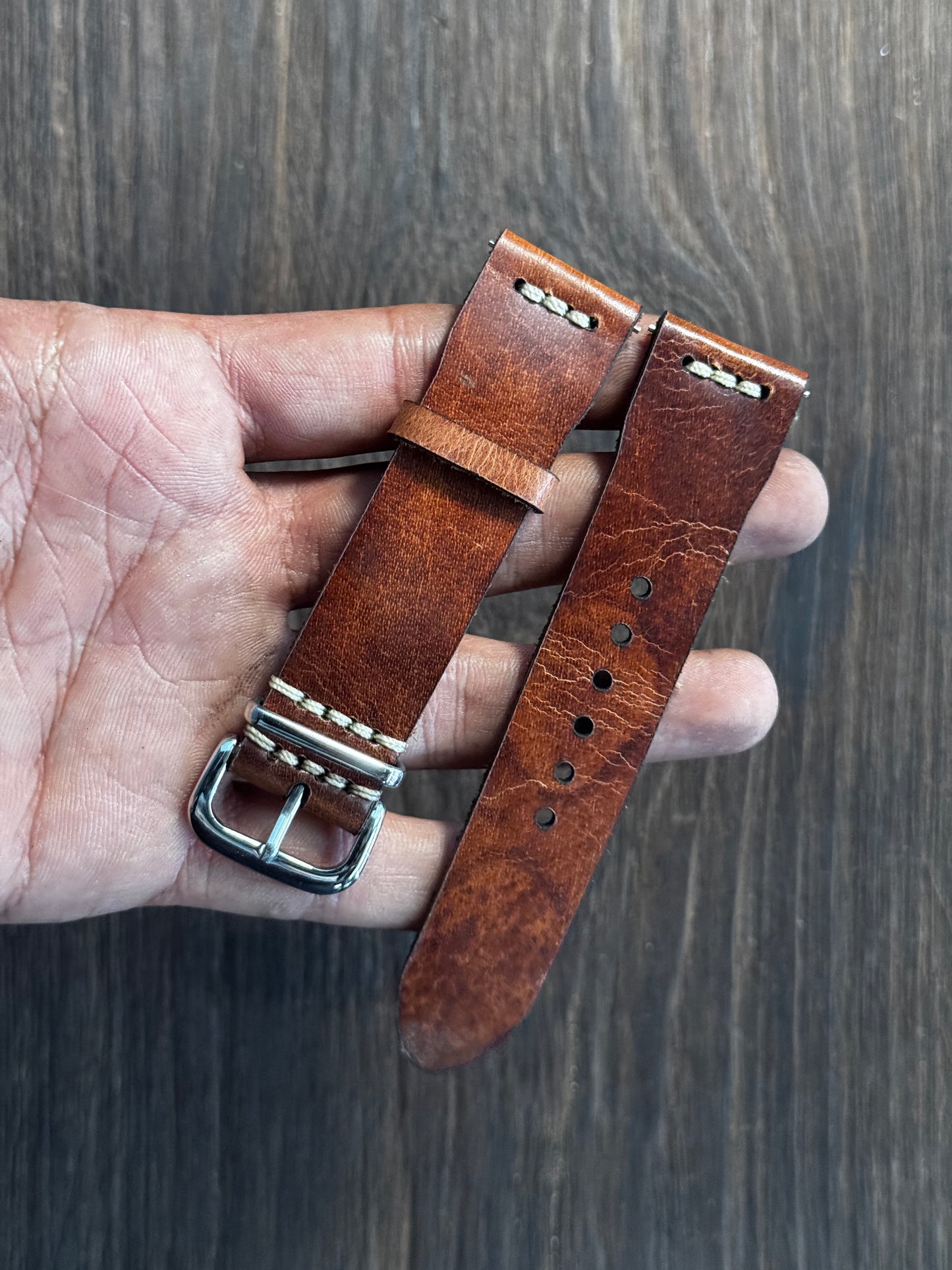 Rugged sturdy glossy TAN leather watch straps chest stitched