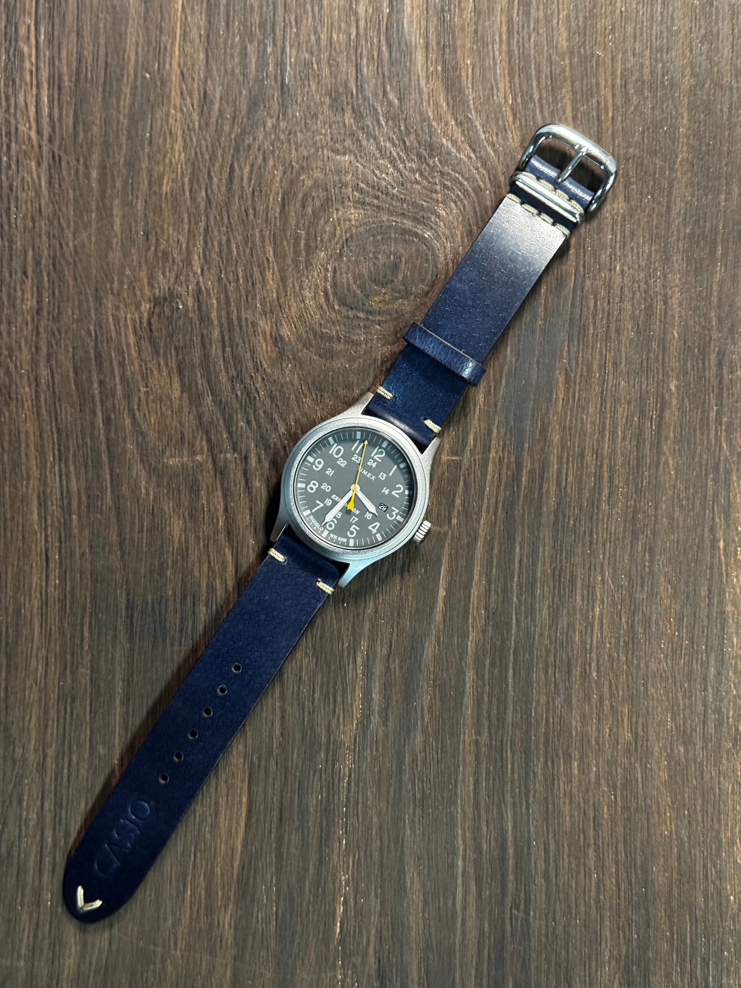 Rugged sturdy glossy blue shoulder stitched leather watch straps
