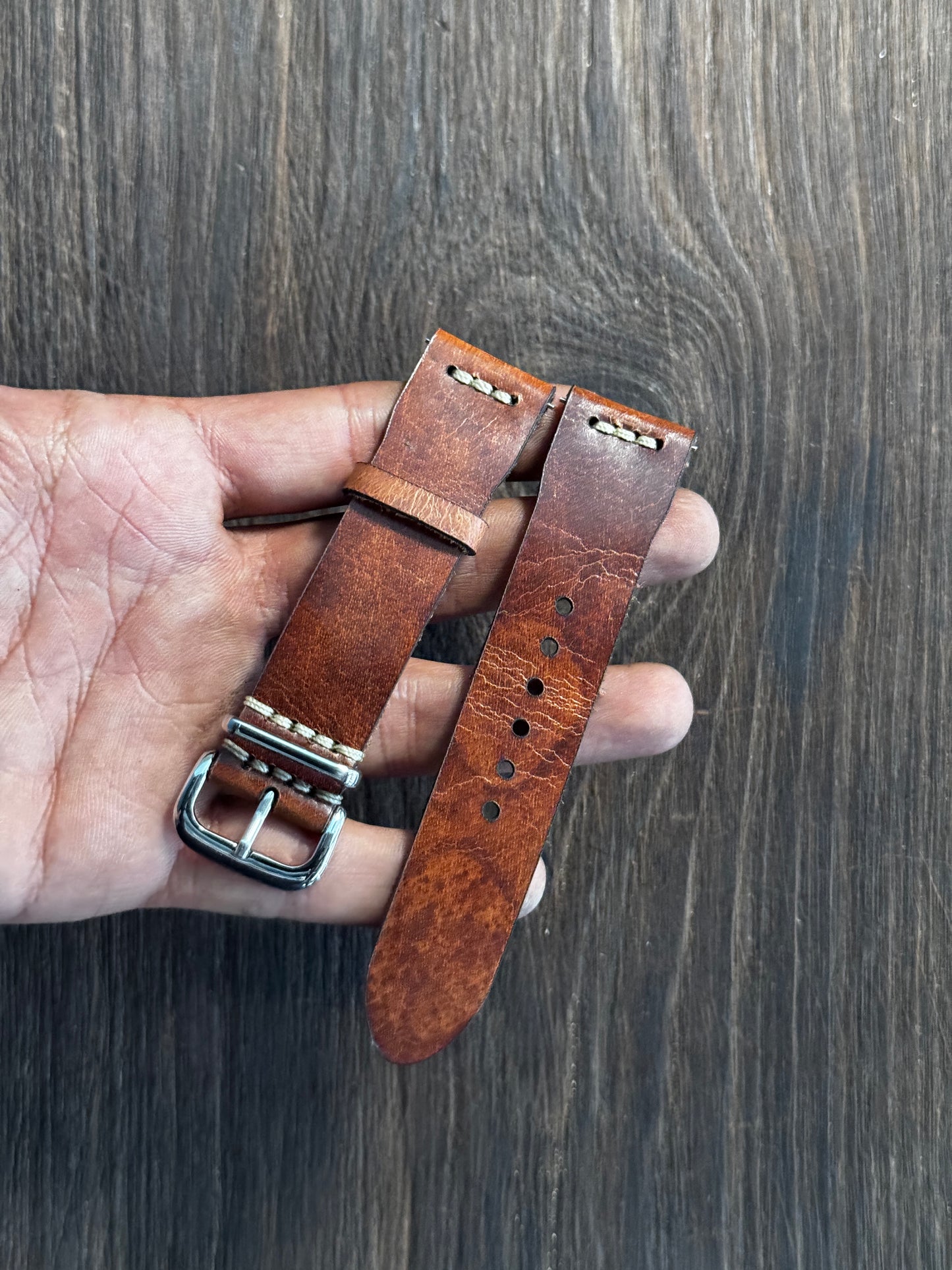 Rugged sturdy glossy TAN leather watch straps chest stitched