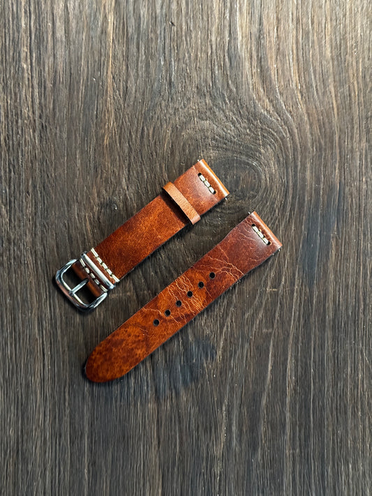 Rugged sturdy glossy TAN leather watch straps chest stitched